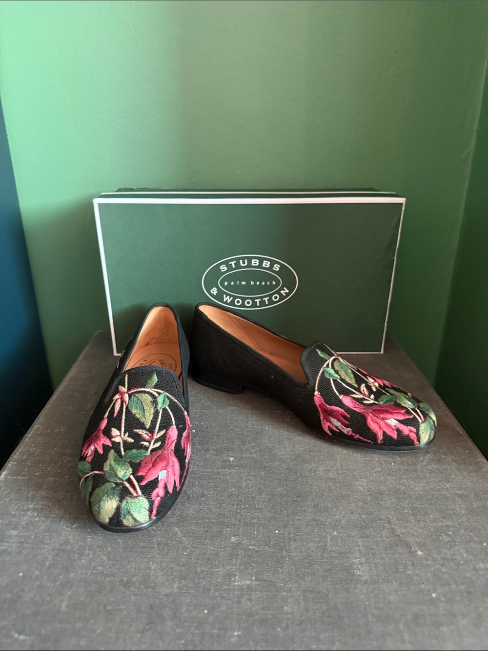 BRAND NEW! Stubbs & Wootton Black Linen Floral Embroidered Slip-On Loafers